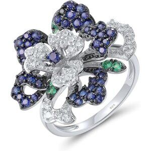Peony-Blue & White Sterling Silver Gemstone Flower Ring for Women